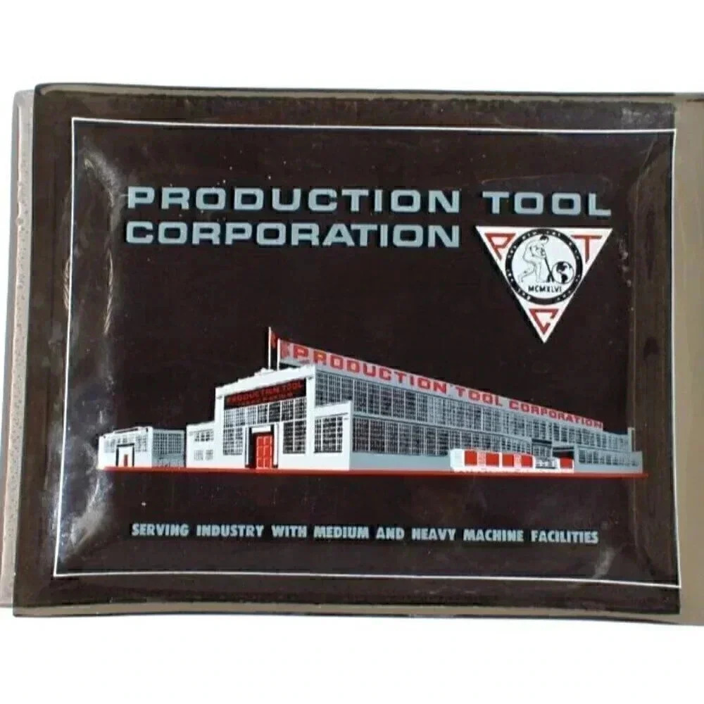 Vintage Production Tool Corporation Heavy Machine Glass Tray Ashtray Advertising
